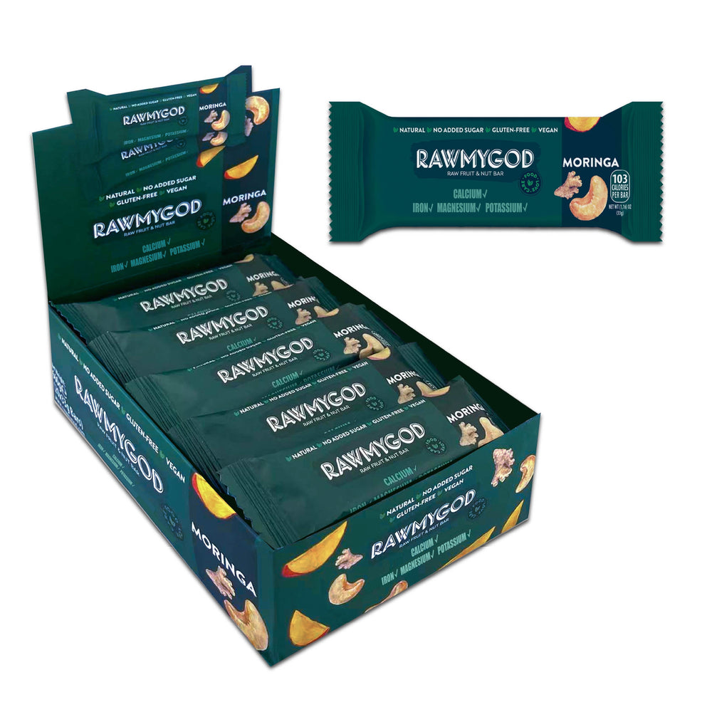RAWMYGOD Raw Fruit & Nut Bar, Moringa, Gluten Free, Vegan, No Added Sugar, 20 pack, 103 Calories per Bar