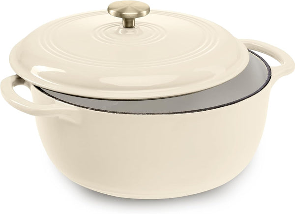 7.5 Quart Enamel Cast-Iron Round Dutch Oven, Family Style Heavy-Duty Pre-Seasoned Cookware for Home, Kitchen, Dining Room, Oven Safe w/Lid, Dual Handles - Vanilla Buttercream - J152