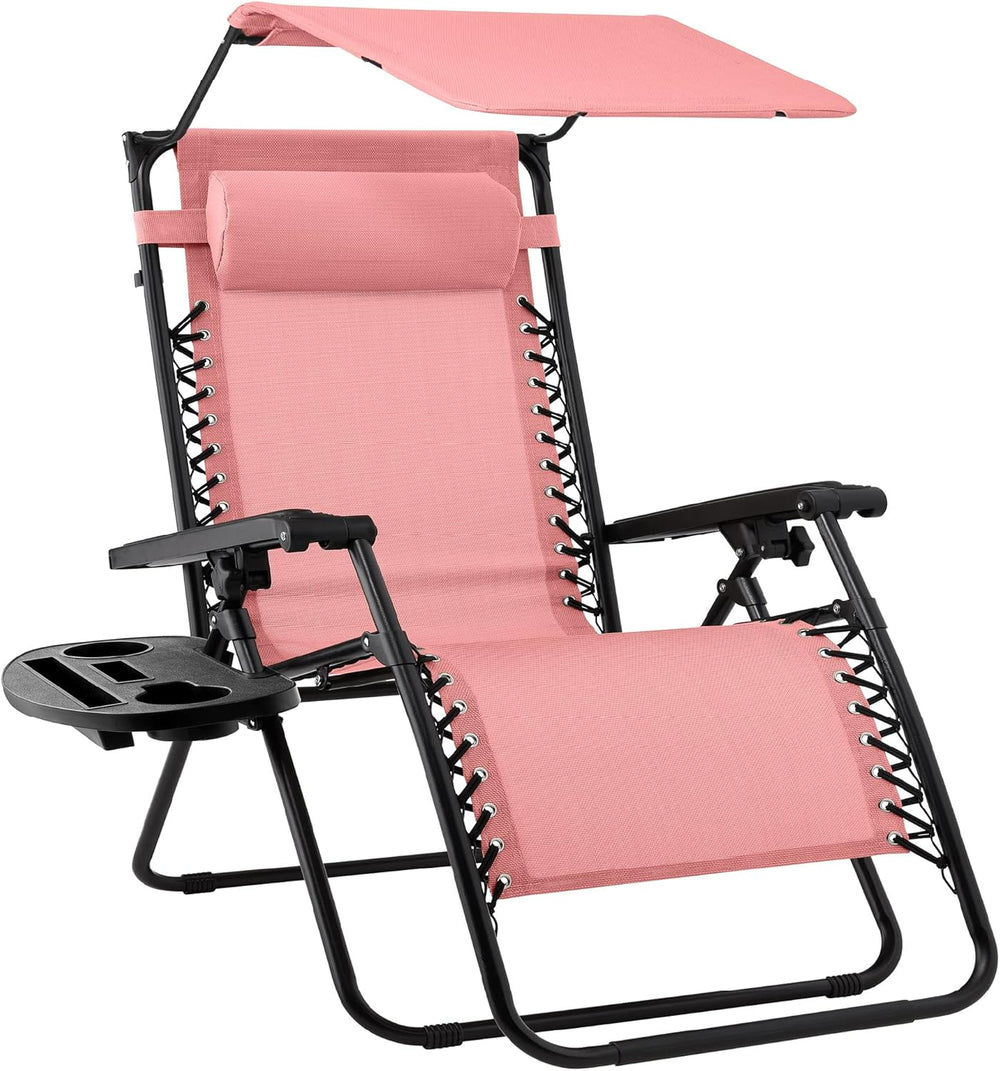 Folding Zero Gravity Patio Lounge Chair w/ Canopy & Tray — Pink — H24