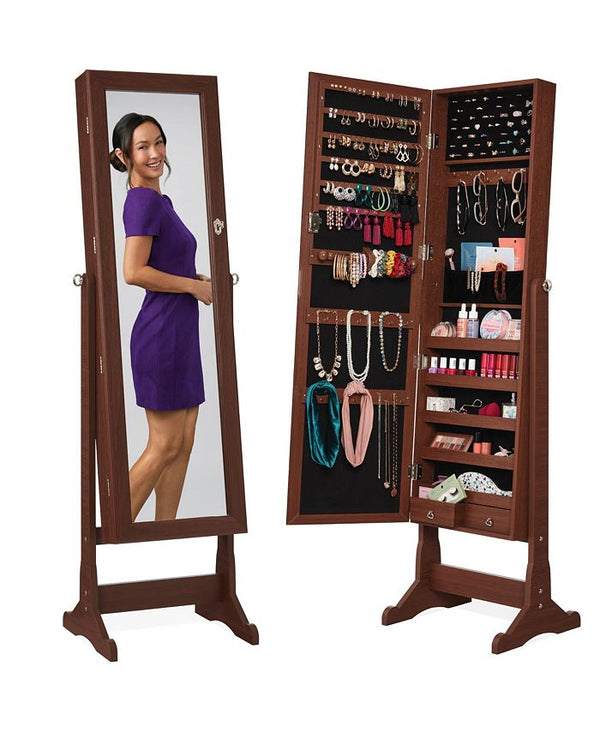 Best Choice Products Jewelry Armoire Cabinet, Full Length Mirror w/ Velvet Storage Interior, Lock - Brown - 1546