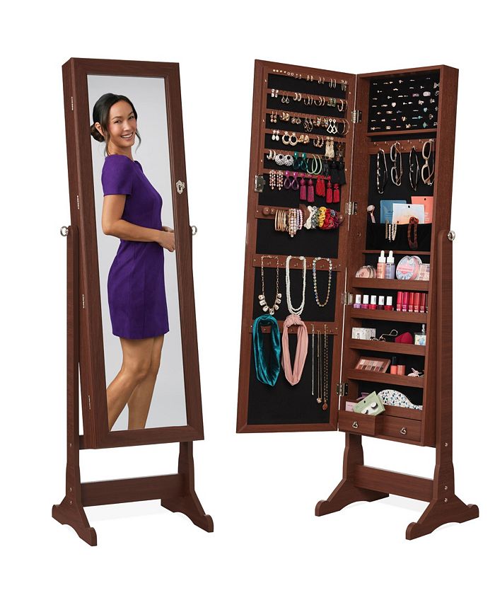 Best Choice Products Jewelry Armoire Cabinet, Full Length Mirror w/ Velvet Storage Interior, Lock - Brown - 1594