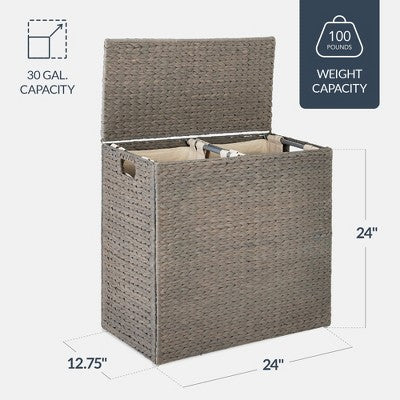 Best Choice Products Large Natural Water Hyacinth Double Laundry Hamper Basket w/ 2 Liner Bags, Handles - Gray - A6 - 463