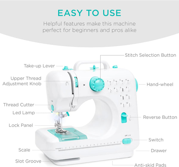 Best Choice Products Compact Sewing Machine, 42-Piece Beginners Kit, Multifunctional Portable 6V Beginner Sewing Machine w/ 12 Stitch Patterns, Light, Foot Pedal, Storage Drawer - Teal/White - A13 - 720