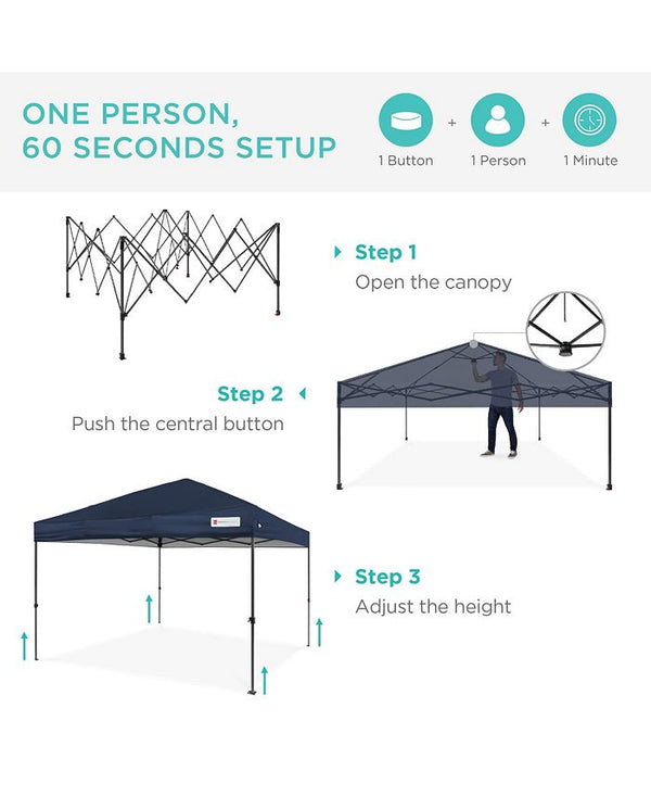Best Choice Products 10x10ft Easy Setup Pop Up Canopy w/ 1-Button Setup, Wheeled Case, 4 Weight Bags - Blue - B3 - 450
