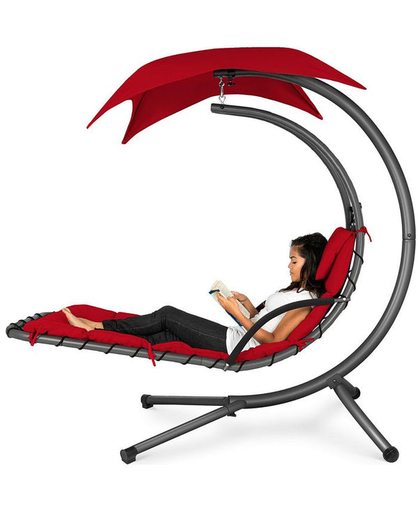 Hanging Curved Chaise Lounge Chair Swing for Backyard, Patio w/ Pillow, Shade, Stand - Red - K43