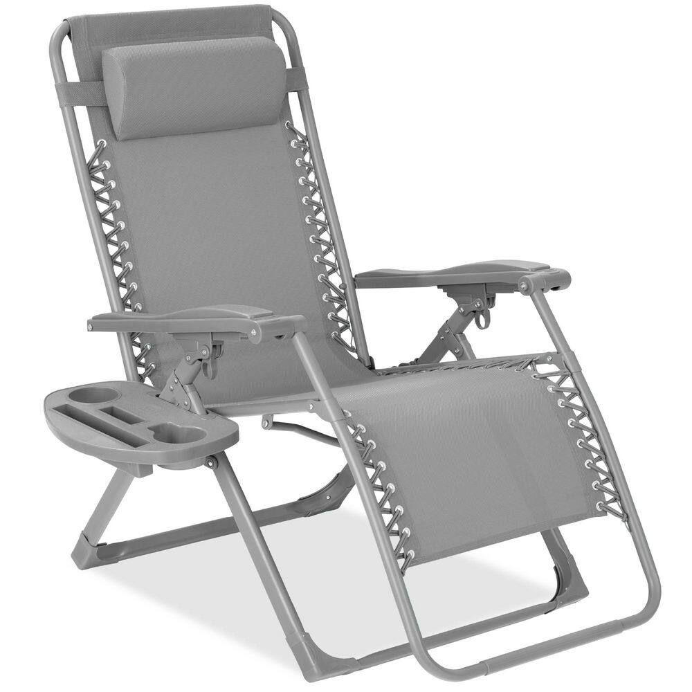 Dove Gray Metal Zero Gravity Folding Beach Chair and Patio Recliner with Side Tray and Headrest -M1-1360