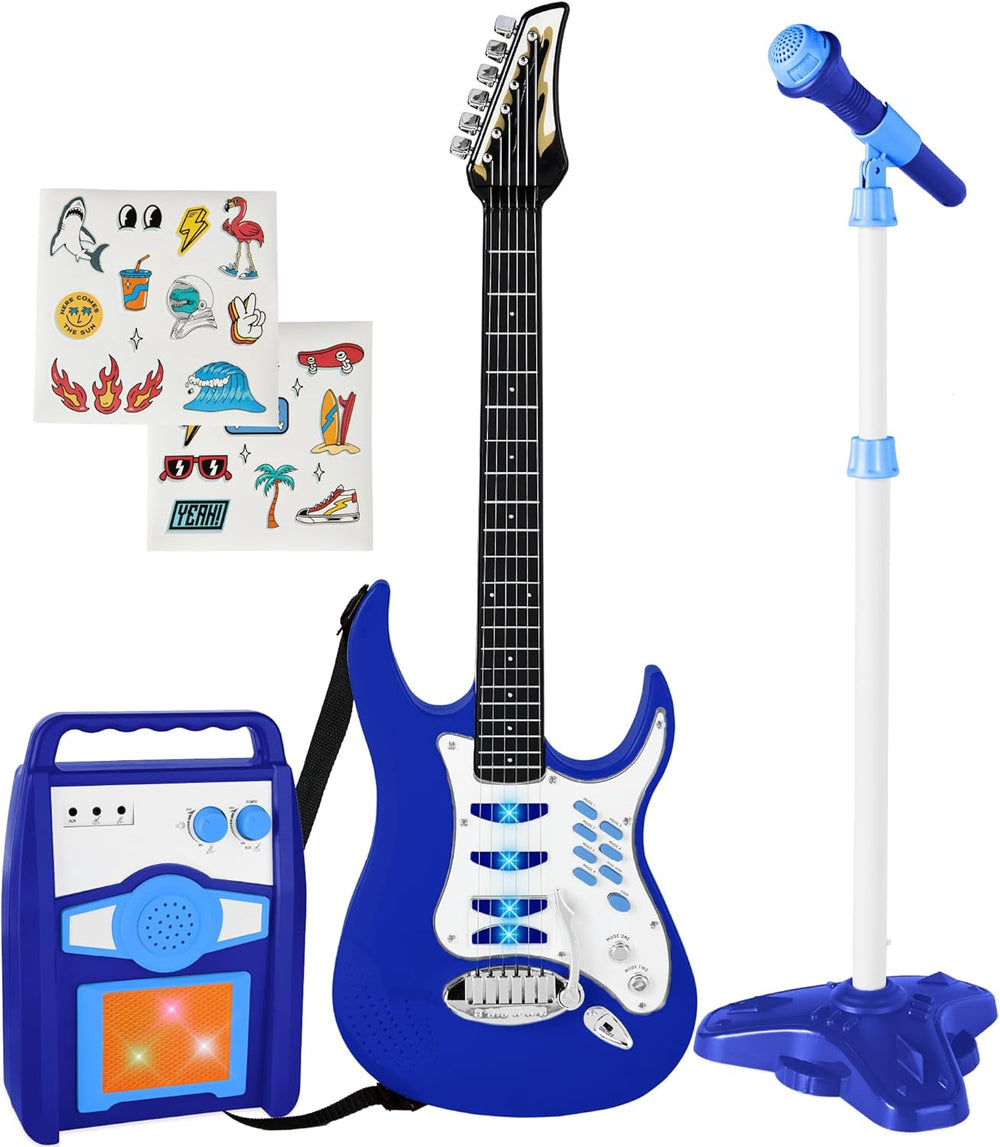 Kids Electric Musical Guitar Play Set, Toy Guitar Starter Kit Bundle w/ 6 Demo Songs, Whammy Bar, Microphone, Amp, AUX, 2 Sticker Sheets - Blue 786
