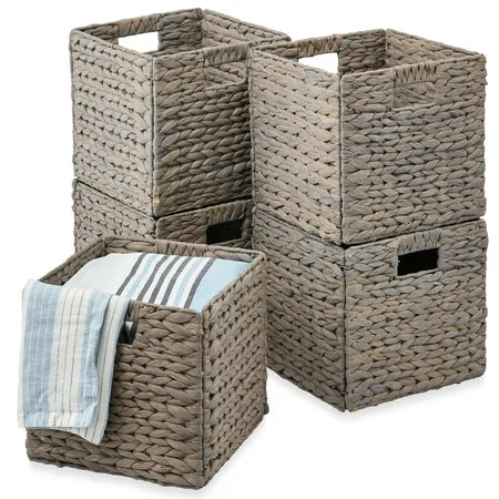 13x13in Hyacinth Storage Baskets, Set of 5 Multipurpose Collapsible Organizers - Gray - 1218