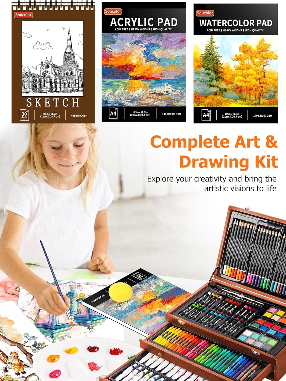 Soucolor Art Supplies, 192-Pack Deluxe Art Set Drawing Painting Supplies Kit with Acrylic Pad, Watercolor Pad, Sketch Book, Canvases, Acrylic Paint, Crayons, Pencils, Gifts for Artist Adults Teen Kids 1275