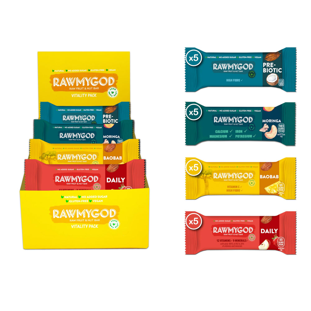 RAWMYGOD Raw Fruit & Nut Bar, Vitality Pack - 5 Prebiotic, 5 Moringa, 5 Baobab, 5 Daily, Gluten Free, Vegan, No Added Sugar, 20 pack