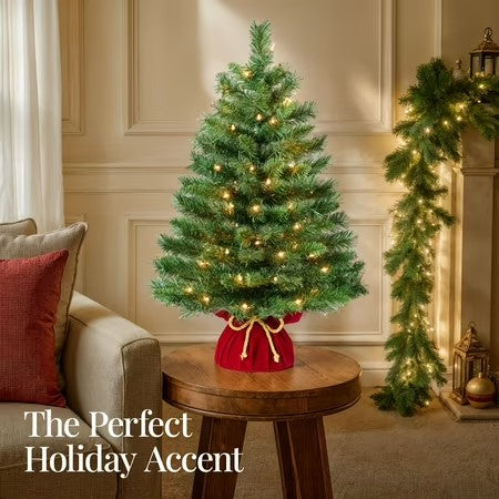 Best Choice Products Pre-Lit 24inch Tabletop Christmas Tree, Small Holiday Artificial Desktop Decor w/Warm White Lights, Red Velvet Cover -J5-0428