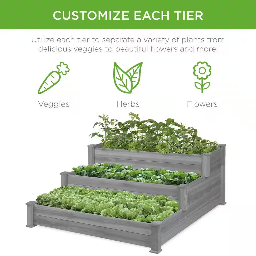 4 ft. x 4 ft. 3-Tier Wooden Raised Garden Bed Planter Kit for Plants, Vegetables, Outdoor Gardening - Gray -K3-0387