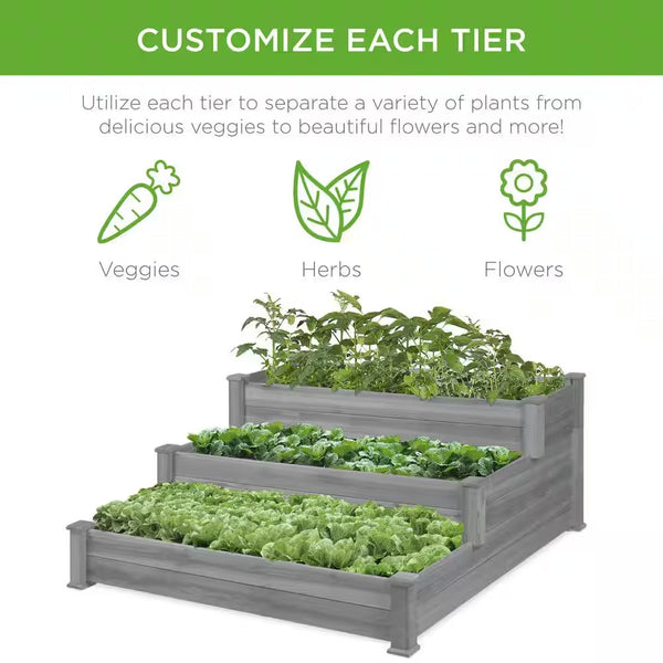 4 ft. x 4 ft. 3-Tier Wooden Raised Garden Bed Planter Kit for Plants, Vegetables, Outdoor Gardening - Gray -K3-0387