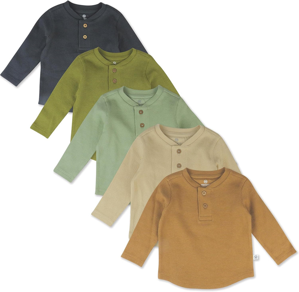 HonestBaby Boys' Baby Toddler & Kid Waffle Henley 100% Organic Long Sleeve Shirts (5-Pack) 1343