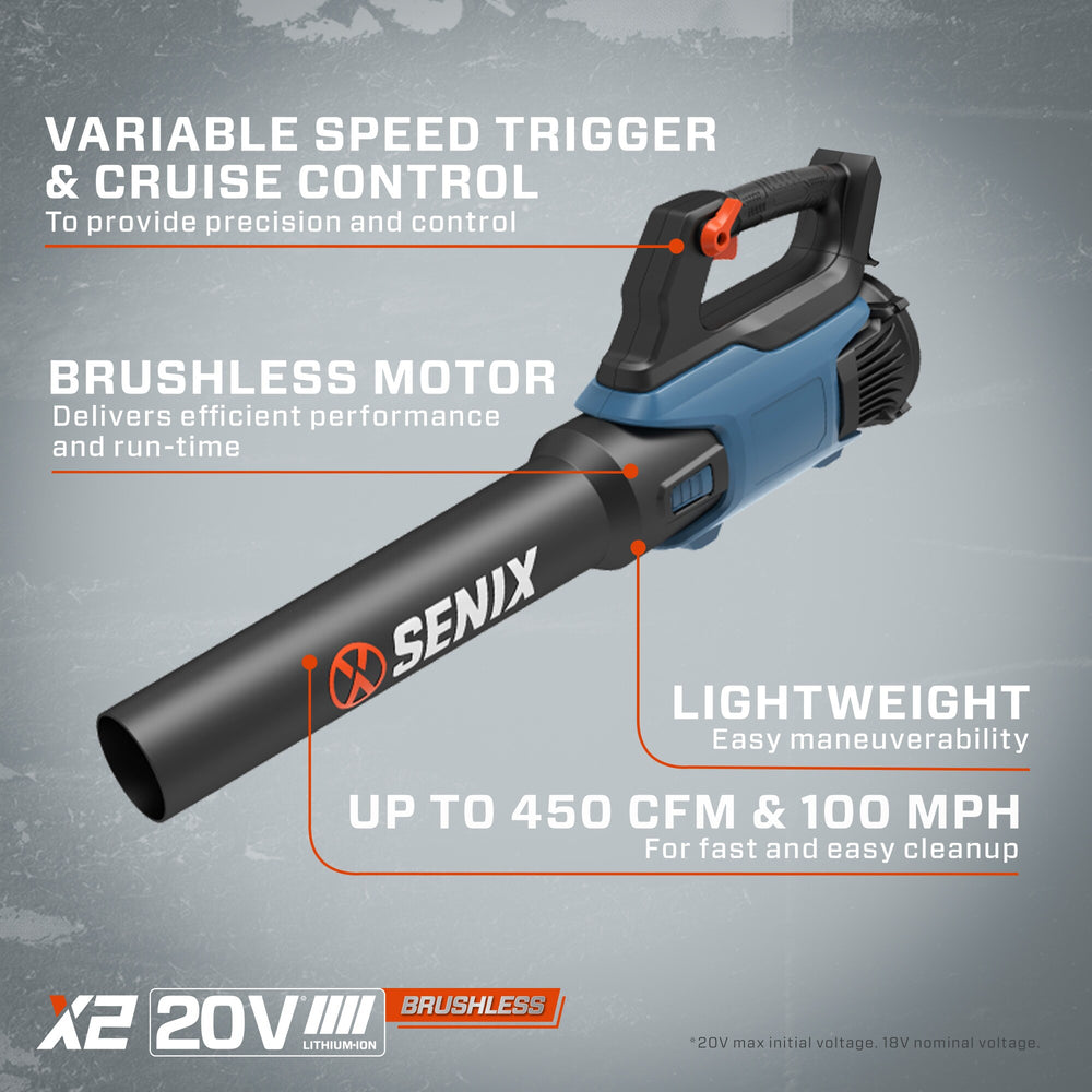 SENIX 20-volt max 450-CFM 100-MPH Battery Handheld Leaf Blower Battery Not Included Charger Not Included 1529