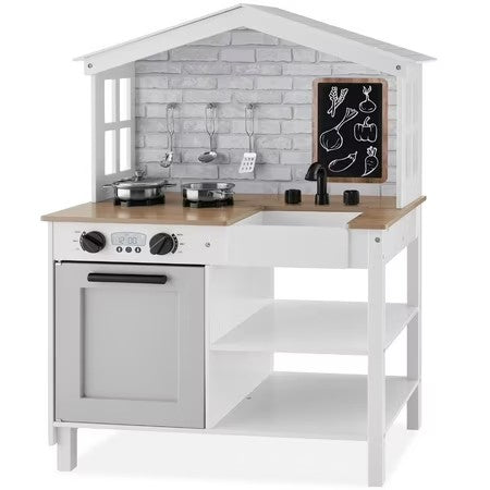 Best Choice Products Farmhouse Play Kitchen Toy for Kids w/ Chalkboard, Storage Shelves, 5 Accessories - Beveled White -G3-1970