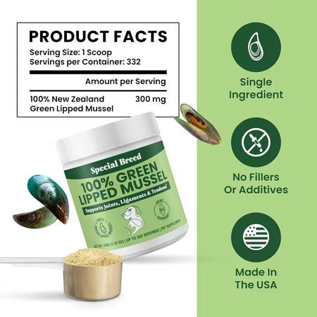 Special Breed Green Lipped Mussel Powder for Dogs & Cats - 100% New Zealand - Natural Hip & Joint Supplement for Joints, Tendons, Ligaments, Muscles - 100 Grams - Up to 332 Servings -K10-1645