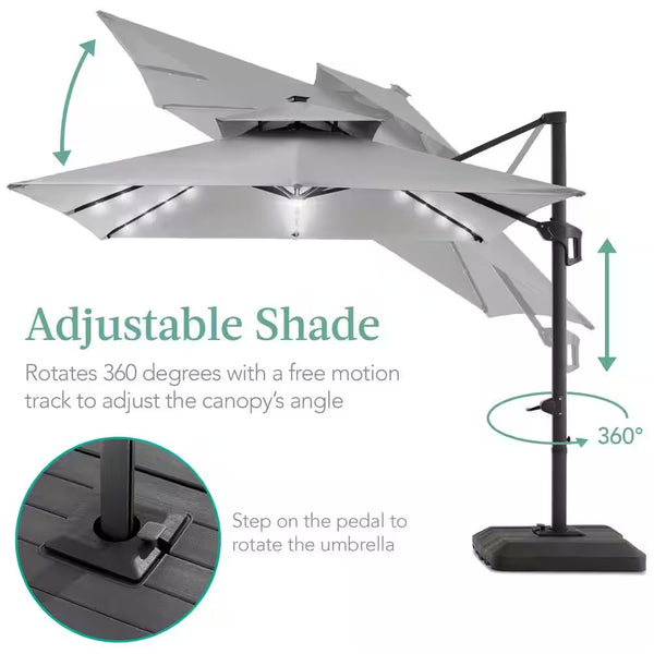 10 ft. Solar LED 2-Tier Square Cantilever Patio Umbrella with Base Included in Fog Gray - TR - 280