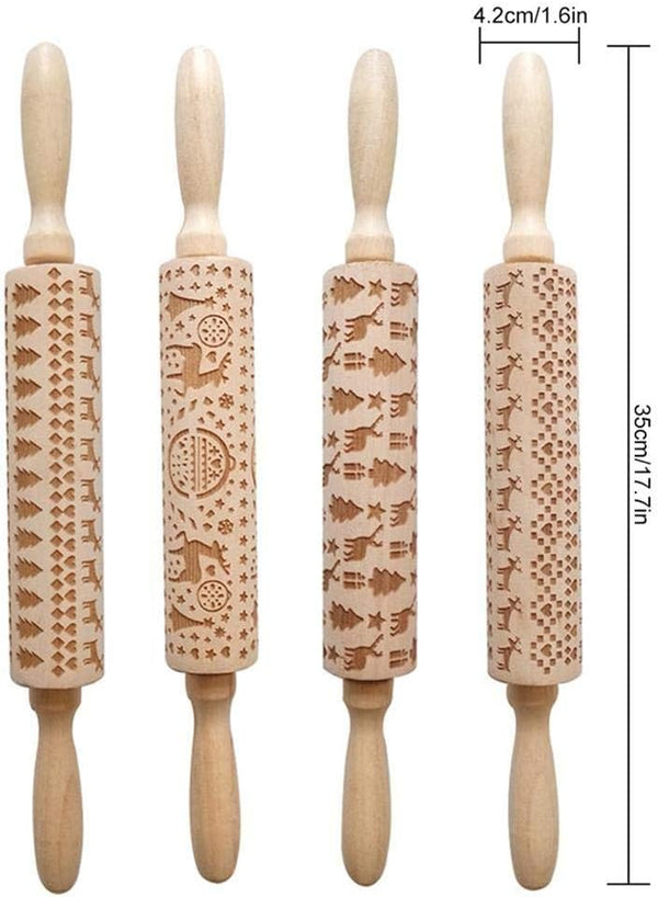 Christmas Wooden Rolling Pins Engraved Embossing Rolling Pin with Christmas Symbols for Baking Embossed Cookies - B10 - 1247