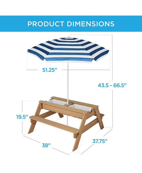 Best Choice Products Kids 3-in-1 Outdoor Convertible Activity Sand & Water Picnic Table w/ Umbrella - Blue 1766