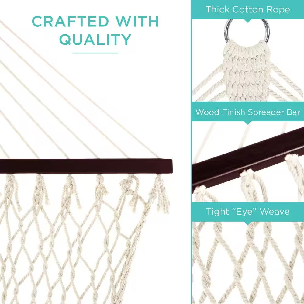 2-Person 11 ft. Woven Cotton Rope Double Hammock Bed w/Spreader Bars, Carrying Case - Off-White 1428
