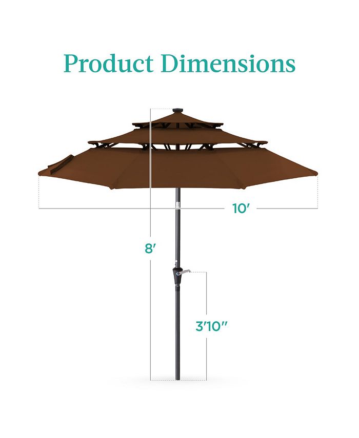 Best Choice Products 10ft 3-Tier Solar Patio Umbrella w/ 24 LED Lights, Tilt Adjustment, Easy Crank - Brown - L3 - 372