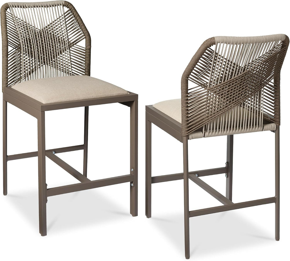 Indoor Outdoor Counter Height Bar Stools Set of 2, Armless Kitchen Counter Stools w/Back and Footrest, Built-in Cushion, Aluminum Frame - Taupe/Sandstorm - K1