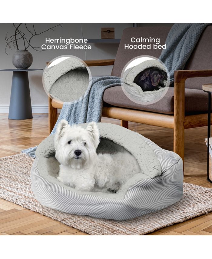 Details Pet Cave Bed, Calming Hooded Dog Bed with Pouch for Small Dogs and Cats, Herringbone Canvas Fleece Deep Dish - Gray - Large - L11 - 505