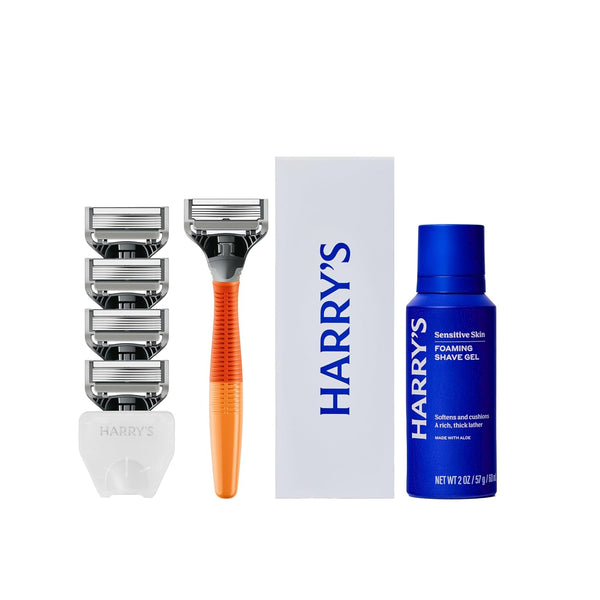 Harry's Original Shaving Kit for Men - Razor Handle, 5 Razor Blade Refills, Foaming Shave Gel, and Travel Blade Cover - TSA Approved Travel Essentials - German Engineered - Prange - A7 - 1572