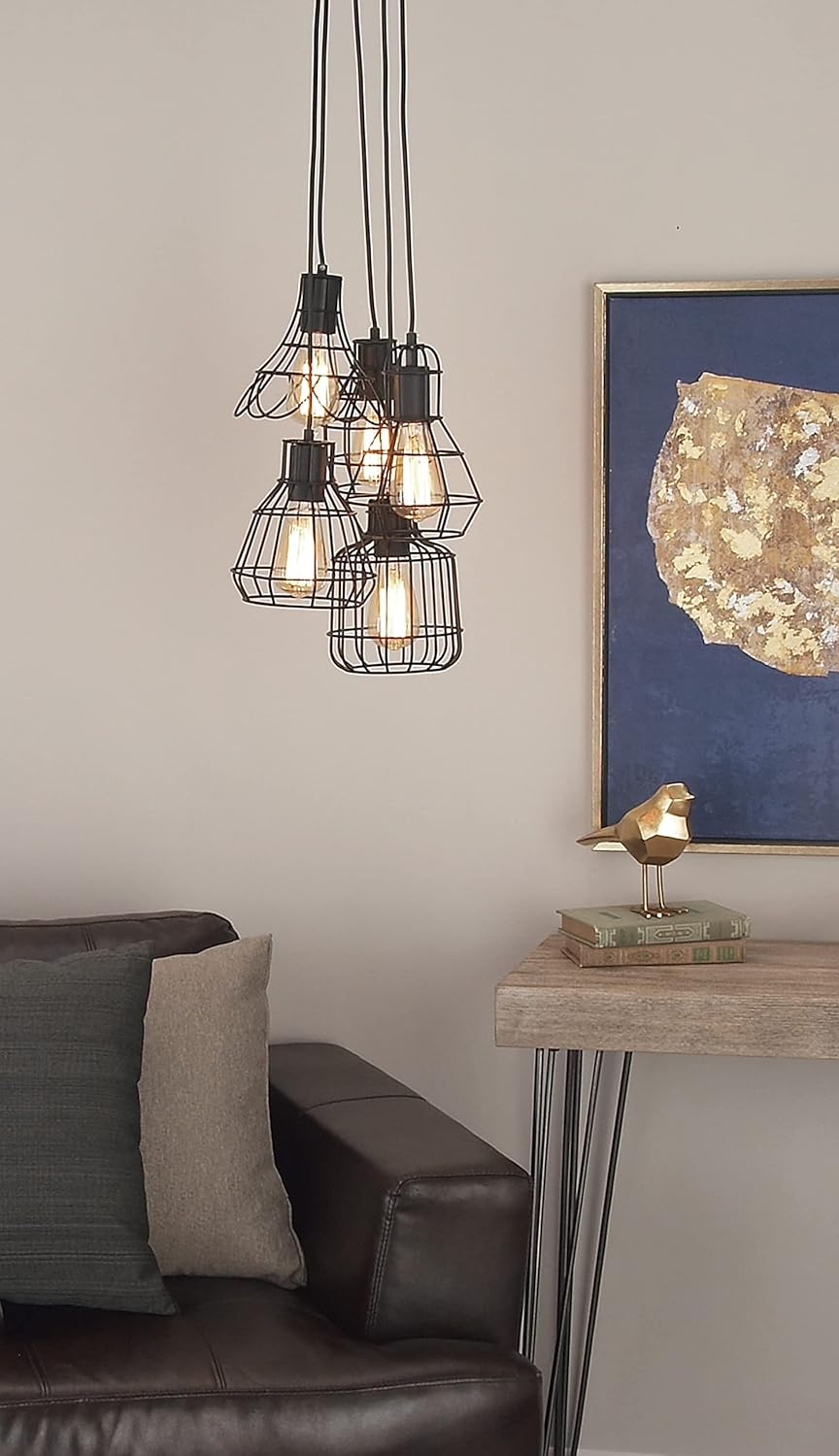 Deco 79 Industrial Cage-Designed 5-Light Pendant with Bulbs, 48" H x 17" L, Metallic Black Finish - B2 - 446