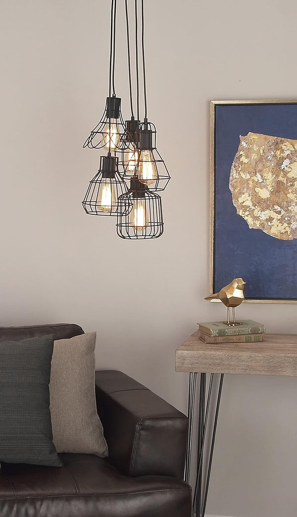 Deco 79 Industrial Cage-Designed 5-Light Pendant with Bulbs, 48" H x 17" L, Metallic Black Finish - B2 - 446