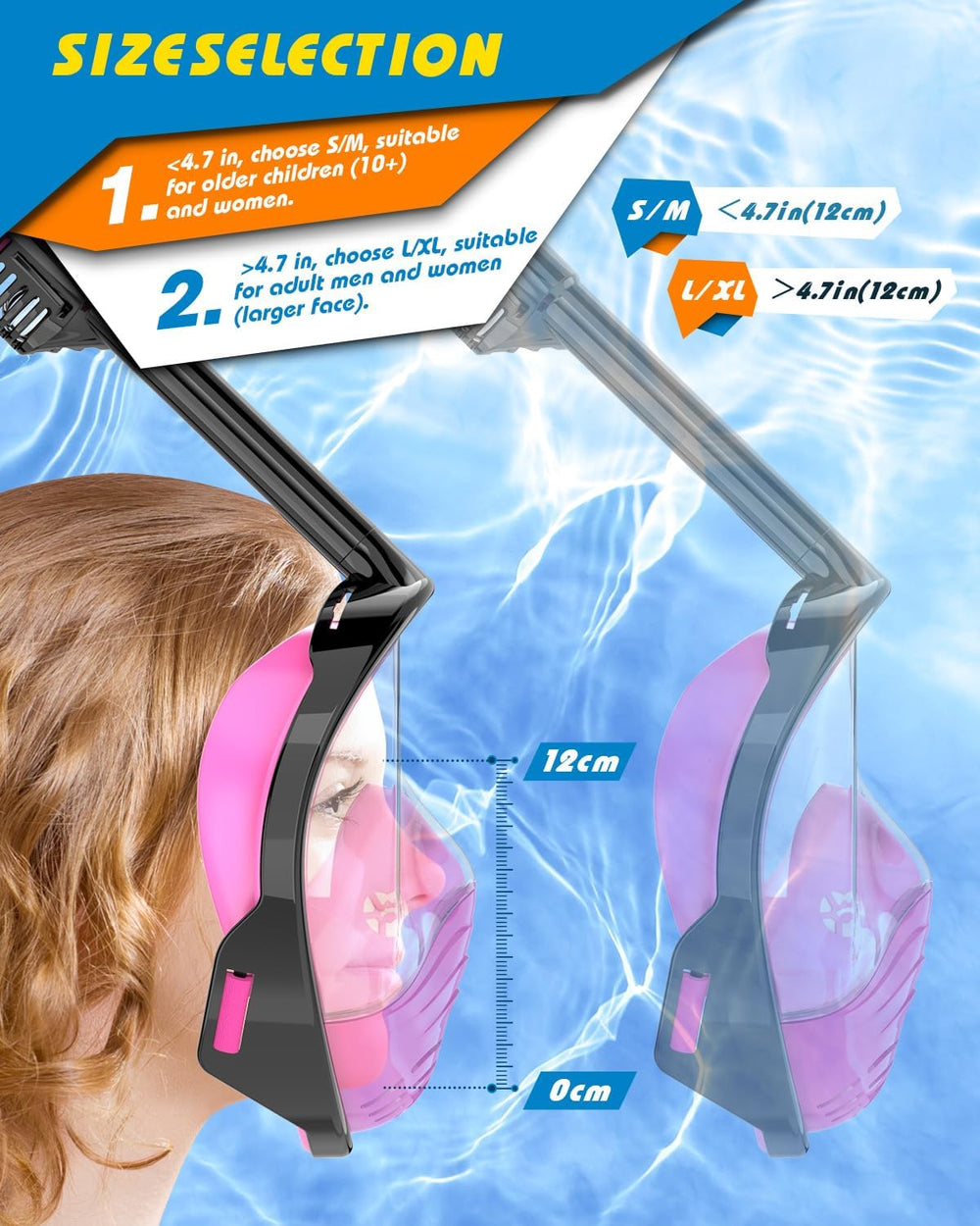 QingSong Full Face Snorkel Mask for Adults, Snorkeling Gear with Camera Mount, 180 Degree Panoramic View Snorkel Set Anti-Fog Anti-Leak 1333