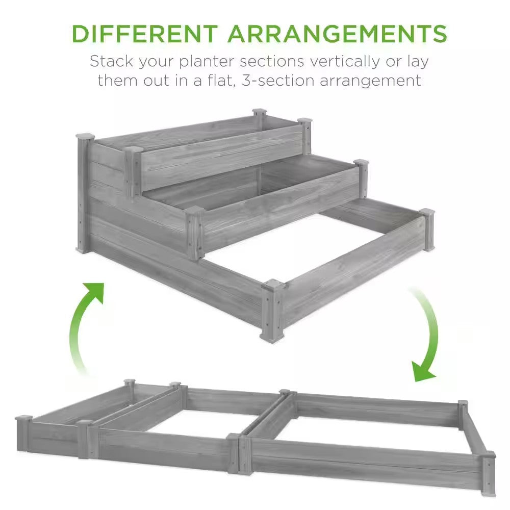 4 ft. x 4 ft. 3-Tier Wooden Raised Garden Bed Planter Kit for Plants, Vegetables, Outdoor Gardening - Gray -K3-0387