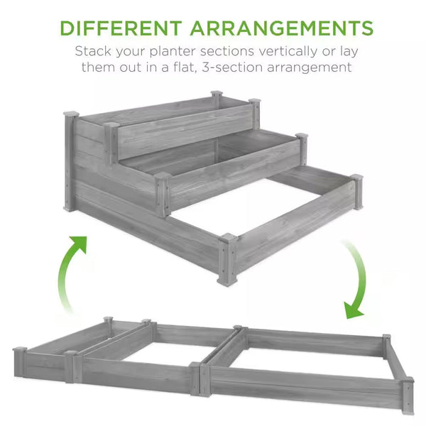 4 ft. x 4 ft. 3-Tier Wooden Raised Garden Bed Planter Kit for Plants, Vegetables, Outdoor Gardening - Gray -K3-0387