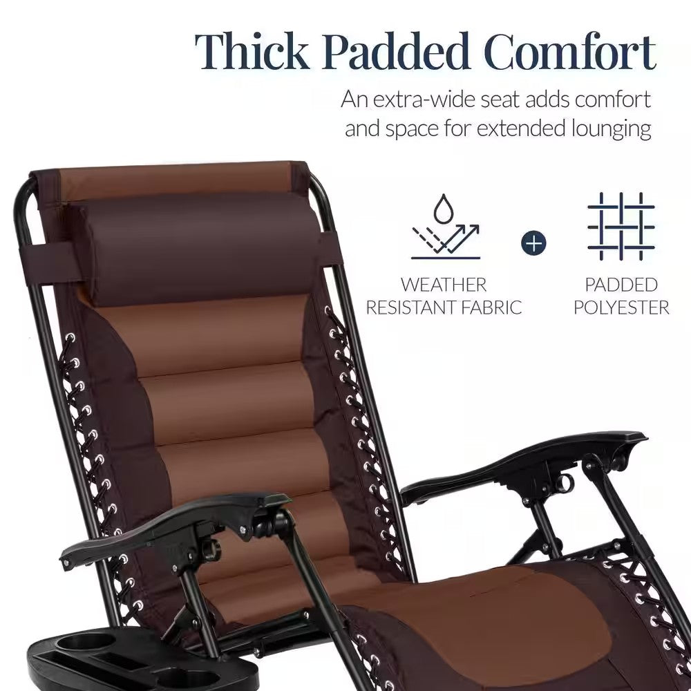 Oversized Padded Zero Gravity Brown/Caramel Metal Reclining Outdoor Lawn Chair with Side Tray -M4-1549