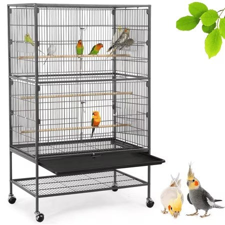 Yaheetech 52"H Metal Rolling Bird Cage with 3 Perches & 4 Feeders & Extra Storage Shelf, Black - D5 - 417