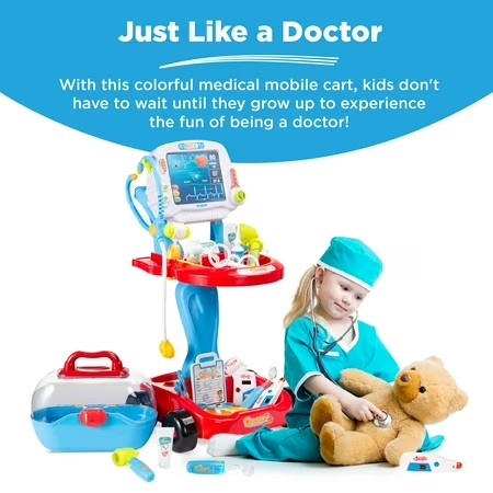 Best Choice Products Play Doctor Kit for Kids, Pretend Medical Station Set with Carrying Case, Mobile Cart - Blue - J5 - 422