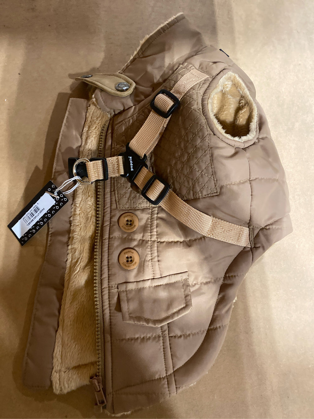 Puppia Wilkes Winter Dog Coat with Integrated Harness No Pull Cold Weather Waterproof Warm Fleece Back Zipper for Small & Medium Dog, Beige, Large - L14 - 626