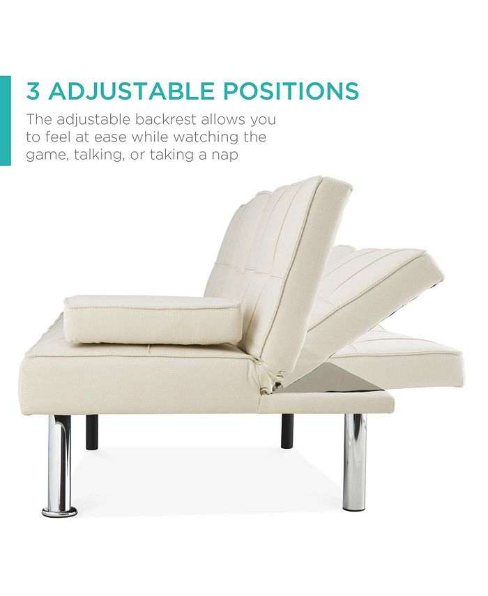 Best Choice Products Modern Linen Convertible Futon Sofa Bed w/ Removable Armrests, Metal Legs, Cupholders - Ivory/Cream -M6-1582