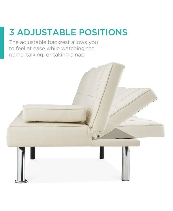 Best Choice Products Modern Linen Convertible Futon Sofa Bed w/ Removable Armrests, Metal Legs, Cupholders - Ivory/Cream -M6-1582
