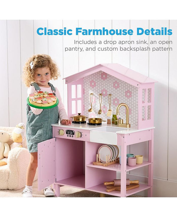 Best Choice Products Pretend Play Wooden Farmhouse Kitchen Set w/ Storage, Clicking Knobs, 5 Accessories - Pink - No Size - G7 - 970