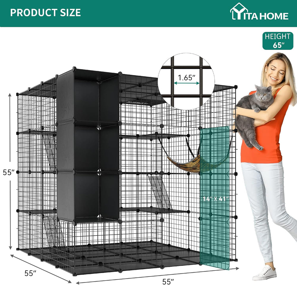 YITAHOME Large Cat Cage with Storage Cube DIY Indoor Catio Cats Enclosures Metal Cat Playpen with Large Hammock for 1-4 Kittens 4 Tiers Cat Kennel - H9 - 219