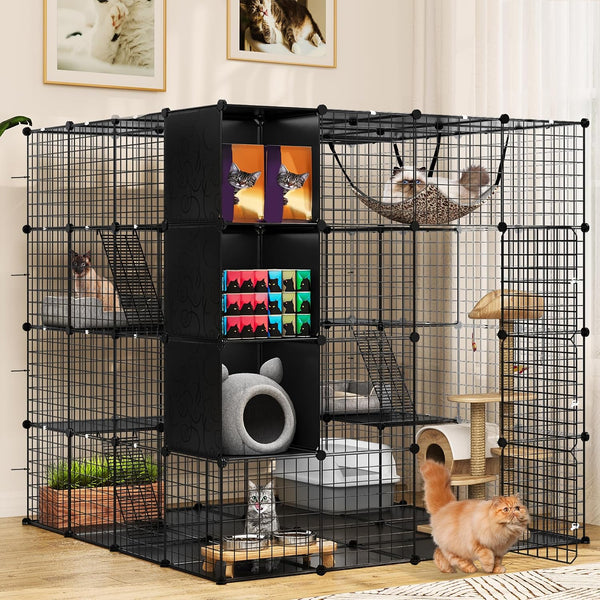 YITAHOME Large Cat Cage with Storage Cube DIY Indoor Catio Cats Enclosures Metal Cat Playpen with Large Hammock for 1-4 Kittens 4 Tiers Cat Kennel - H9 - 219