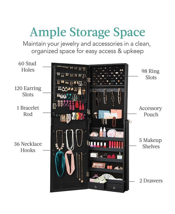 Best Choice Products Jewelry Armoire Cabinet, Full Length Mirror w/ Velvet Storage Interior, Lock - Black -C3-1030