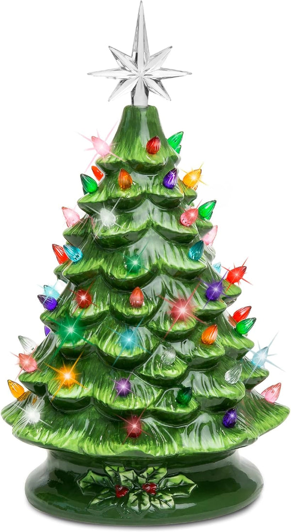 15in Ceramic Christmas Tree, Pre-lit Hand-Painted Tabletop Holiday Tree, Star Topper, 64 Lights - Green w/Multicolored Bulbs - K9