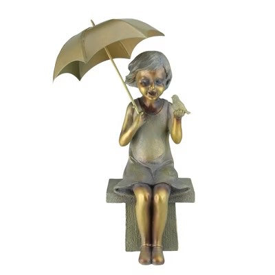Roman 17.5" Girl Sitting with Umbrella and Bird Outdoor Patio Garden Statue - Gold/Bronze - E11 - 240