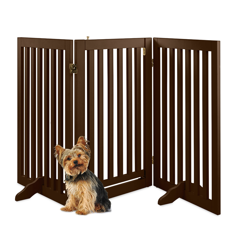 31.5in 3-Panel Freestanding Wooden Pet Gate W/ Door, Support Feet - Espresso - 294