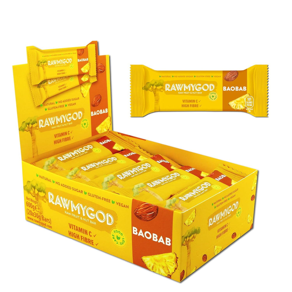 RAWMYGOD Raw Fruit & Nut Bar, Baobab, Gluten Free, Vegan, No Added Sugar, 20 pack, 101 Calories per Bar