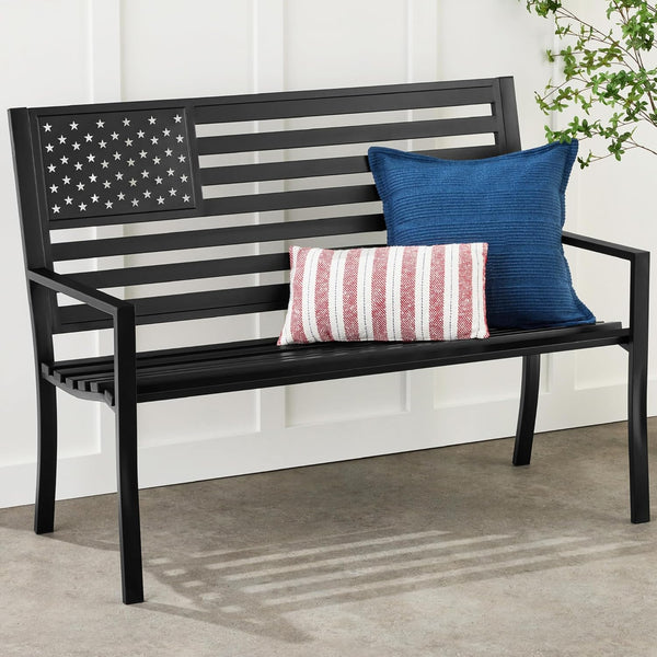 Best Choice Products Outdoor Bench 2-Person Steel Indoor/Outdoor Bench for Garden, Patio, Porch, Entryway w/American Flag, 790lb Capacity   Black - D5 - 1456