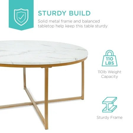 Best Choice Products 36in Faux Marble Modern Round Living Room Accent Coffee Table w/ Metal Frame - White/Bronze Gold 1813